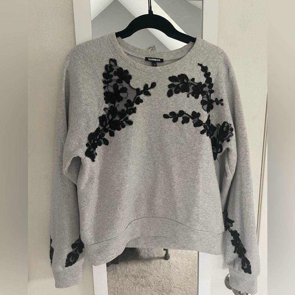 Express grey crew-neck sweatshirt with black lace overlay